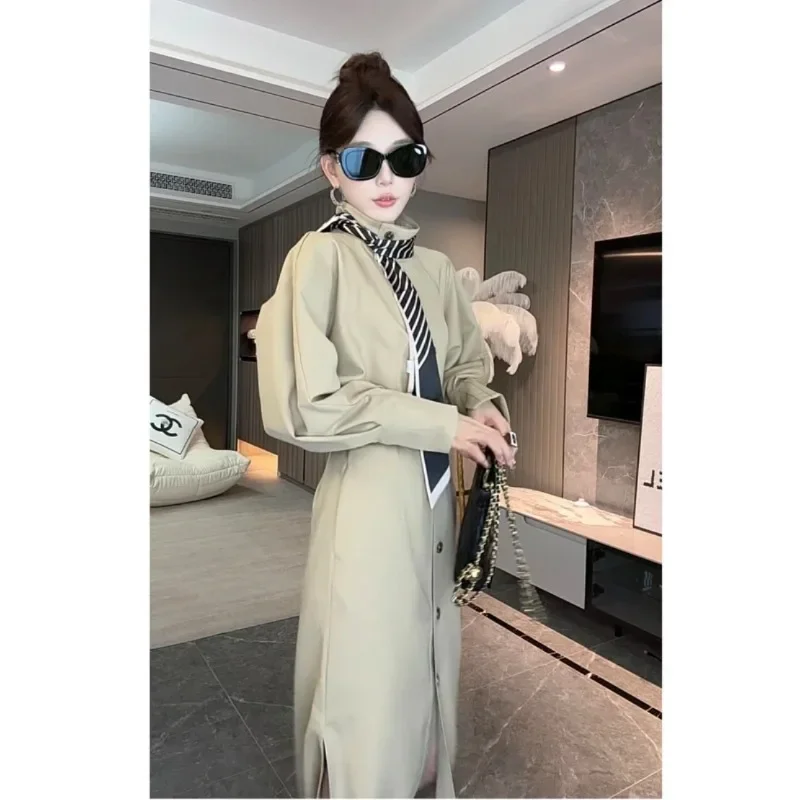 MiiiiX Office Lady Windbreaker Shirt Dress Women's Trench 2024 New Autumn Loose Stand Collar Long Dress with Belt Female Clothes