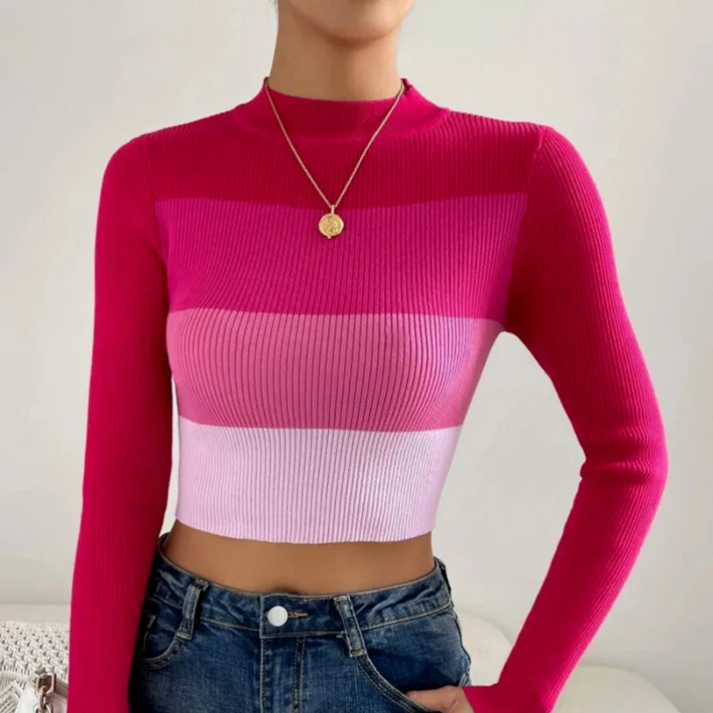 Sweater Women Slim Fit Striped Stand Collar Pullovers Knitted Pullover Spliced Crop Top Short Sweaters Autumn Slight Strech