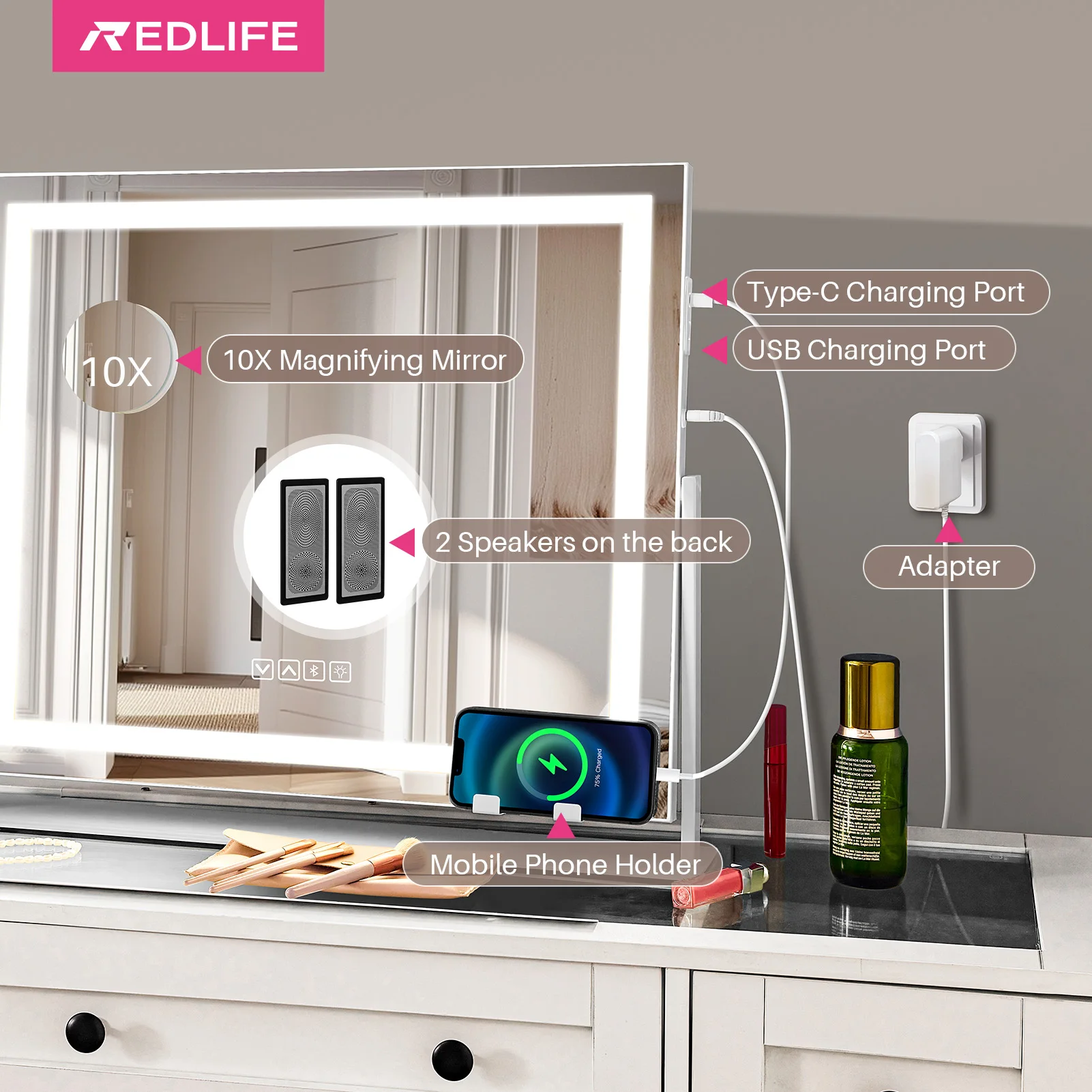 Redlife Vanity Mirror w/ LED Light Strip 22"x19" Makeup Mirror w/ Dimmable Control 10X Magnification USB Phone Holder 2 Speakers