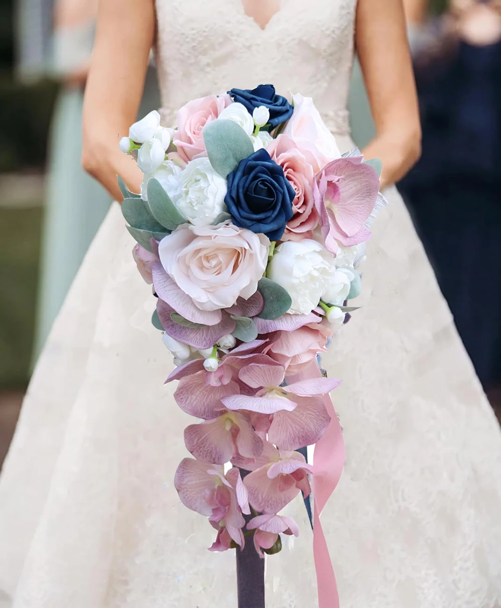 

YeeNanee Pink Blue Casading Bridal Bouquets for Bride Artificial Flowers Waterfall Wedding Bouquets Rustic Wed Ceremony Decors