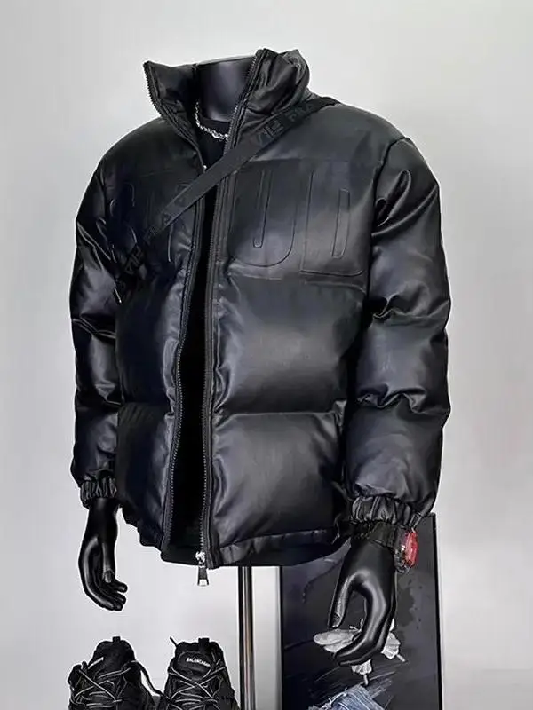 

Cleanfit Bla Leather Surface Steel Stamp down Jaet Men's Winter Thiened Cotton Padded Coat Stand Collar Bread Sle