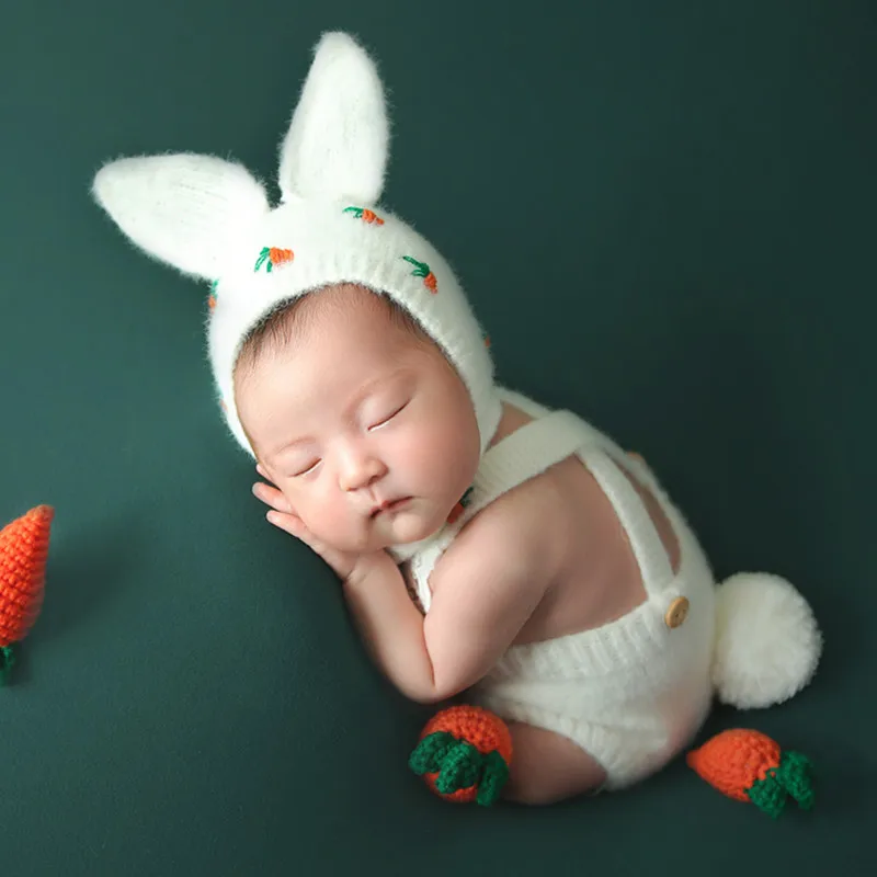 ❤️Newborn Photography Clothing Rabbit Hat+Jumpsuits+Radish 5Pcs/set Baby Photo Props Accessories Studio Shoot Clothes Outfits