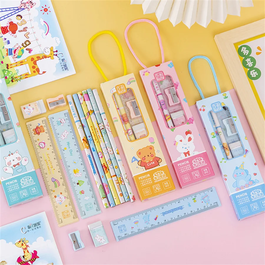 

Pink multi-functional pencil set for learning, including pencils, erasers, rulers, sharpeners, suitable for students' writing, d