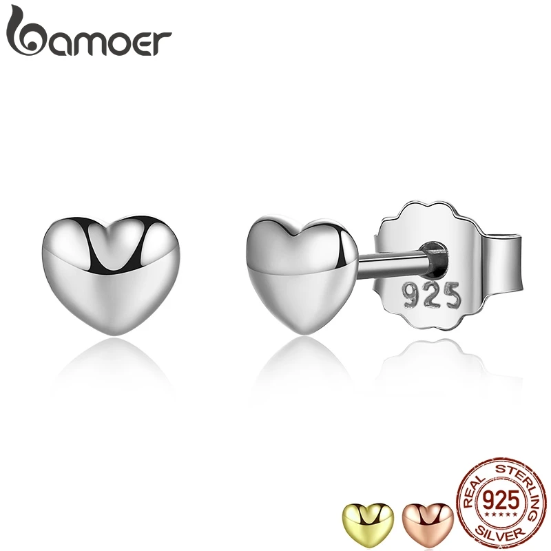 BAMOER 100% 925 Sterling Silver Petite Plain Hearts Stud Earrings for Women Silver Small Earrings Fine Jewelry brincos PAS441