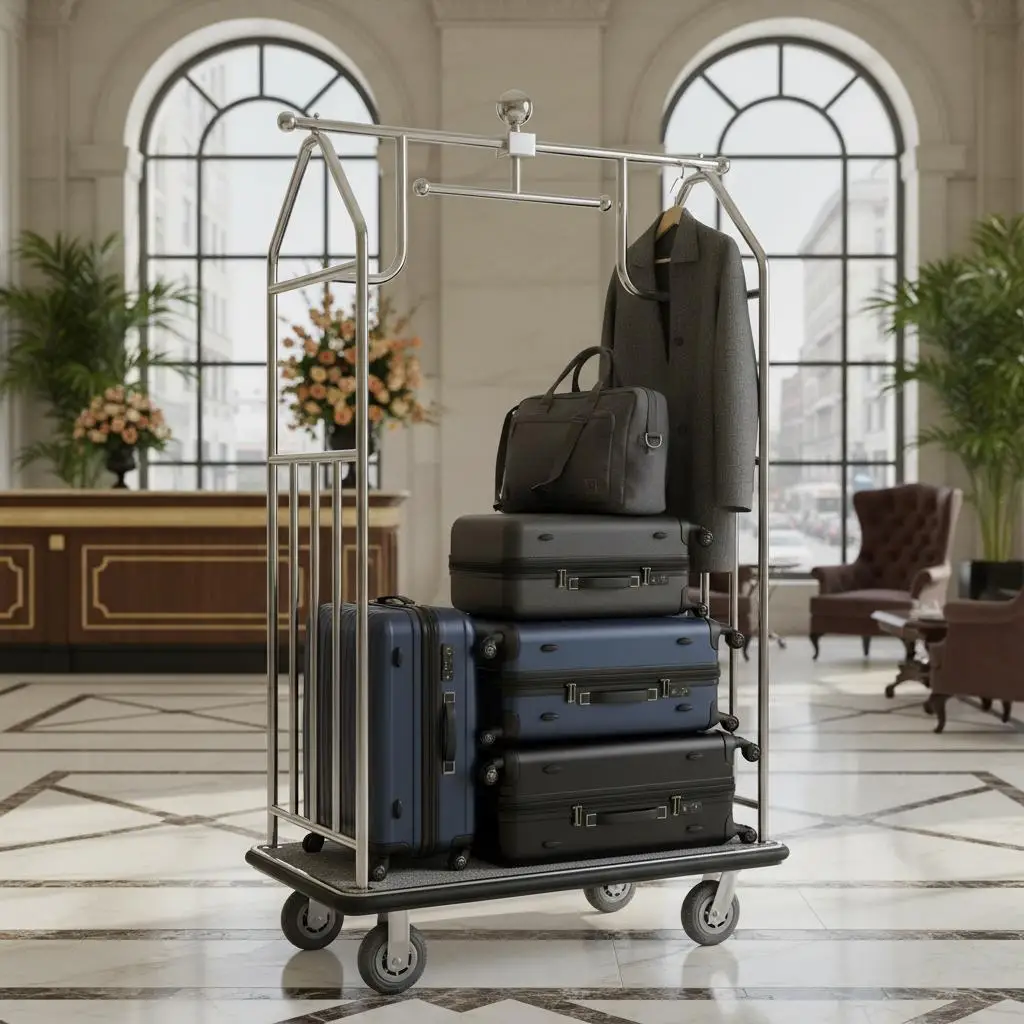 

Тележка Bellman 42x24x74 дюйма для отелей, курортов и гостиниц, грузоподъемность 800 фунтов, серая ковровая платформа, 6-дюймовые резиновые колеса, серебристое покрытие.