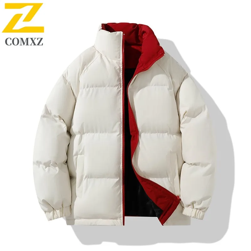 COMXZ Men Casual Color Block  Fleece Jacket Stand Collar 2025 American Style New Thick Warm Cotton-Padded Winter Cold-proof Coat