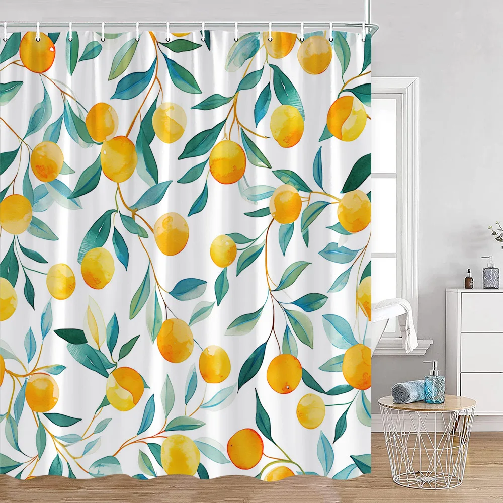 Tropical Fruit Shower Curtains Yellow Lemon Blue Watercolour Leaves Bath Curtain Set Polyester Fabric Bathroom Decor with Hooks