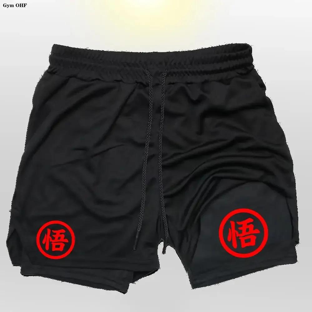 Goku print Heren dubbellaags 2-in-1 fitnessbroek Sportshort Dragon Ball JapansAnime zak Sneldrogende gevechtsjoggingbroek
