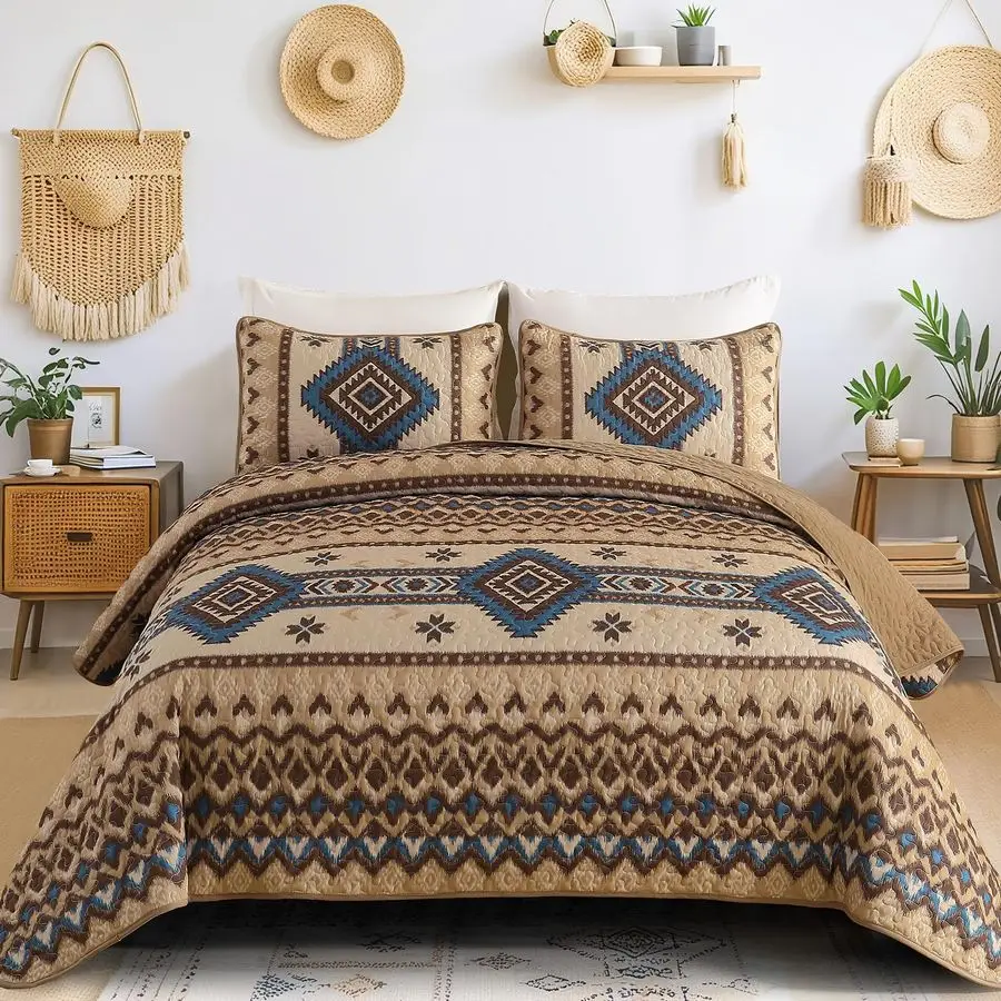 

Brown Boho Quilt Set Queen3 Pieces Aztec Texture Bedspread Southwestern Coverlet Set Soft Lightweight Bed Cover for All Season M