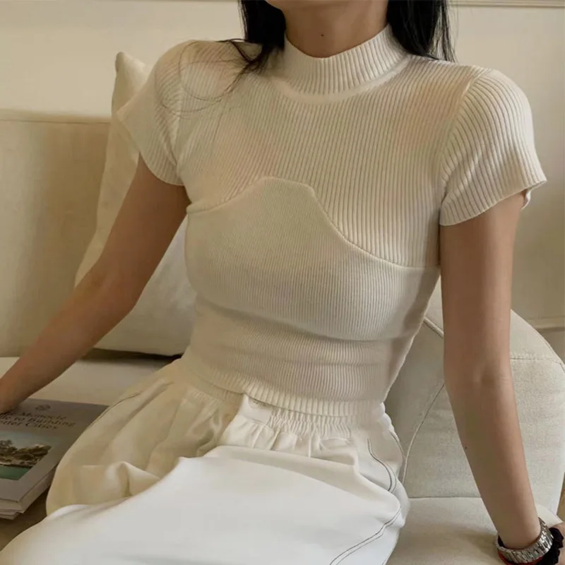 

Boring Honey Women Knitting Tops Short Sleeve Mock Neck Knitted Tshirt Solid Color Basic Style Slim Fit Sweater Tops For Women