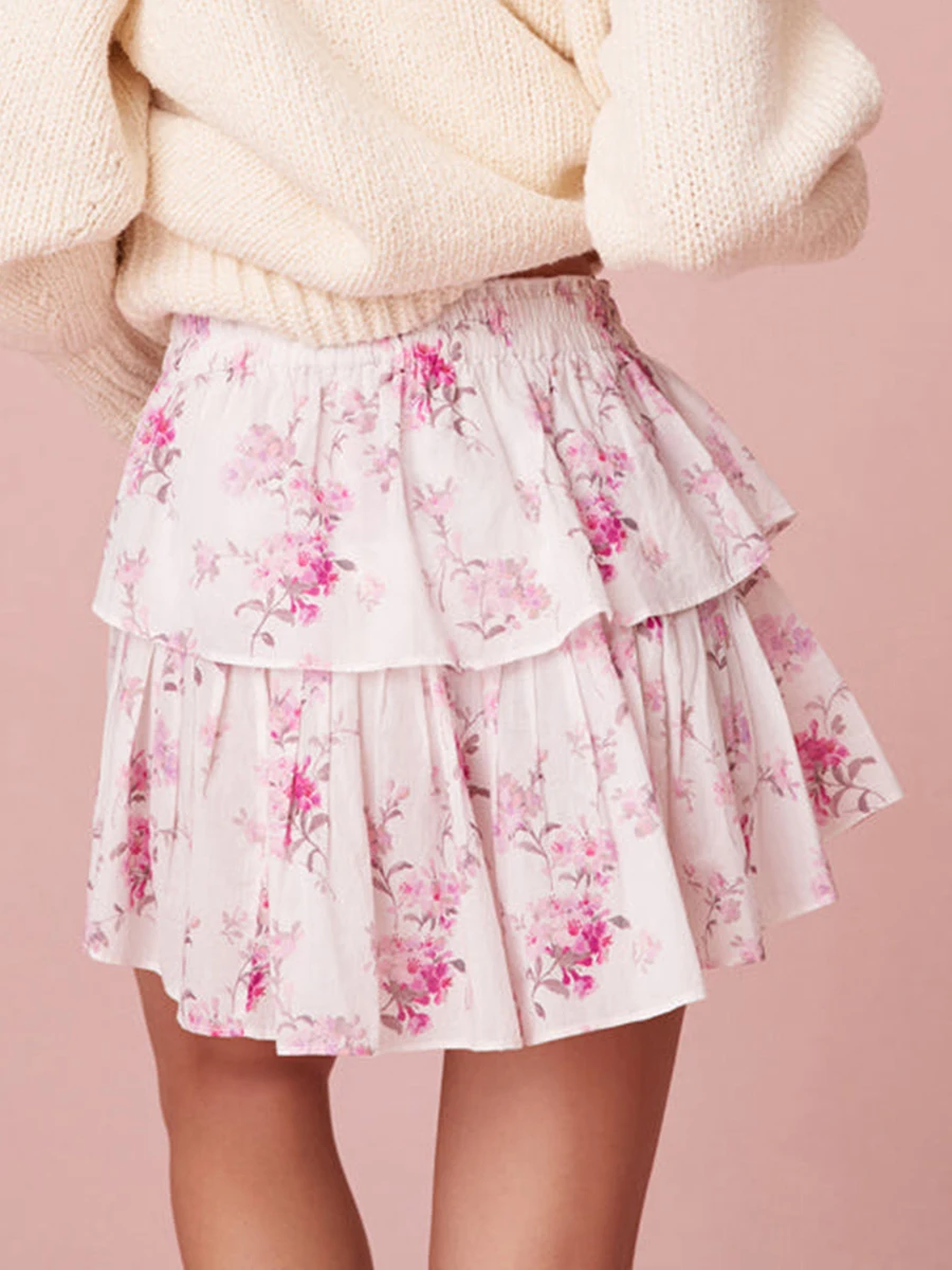 Women Tiered Ruffled Short Skirt Elastic Waist High Rise Floral Print Mini Skirt Y2K Pleated Flowy Cute Cake Skirt Streetwear