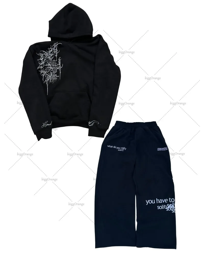 

American Hip-hop Retro Harajuku Oversized Sweatshirt Y2K 2025 Casual Streetwear Men's Sets Gothic Letter Loose Wide-leg Pants