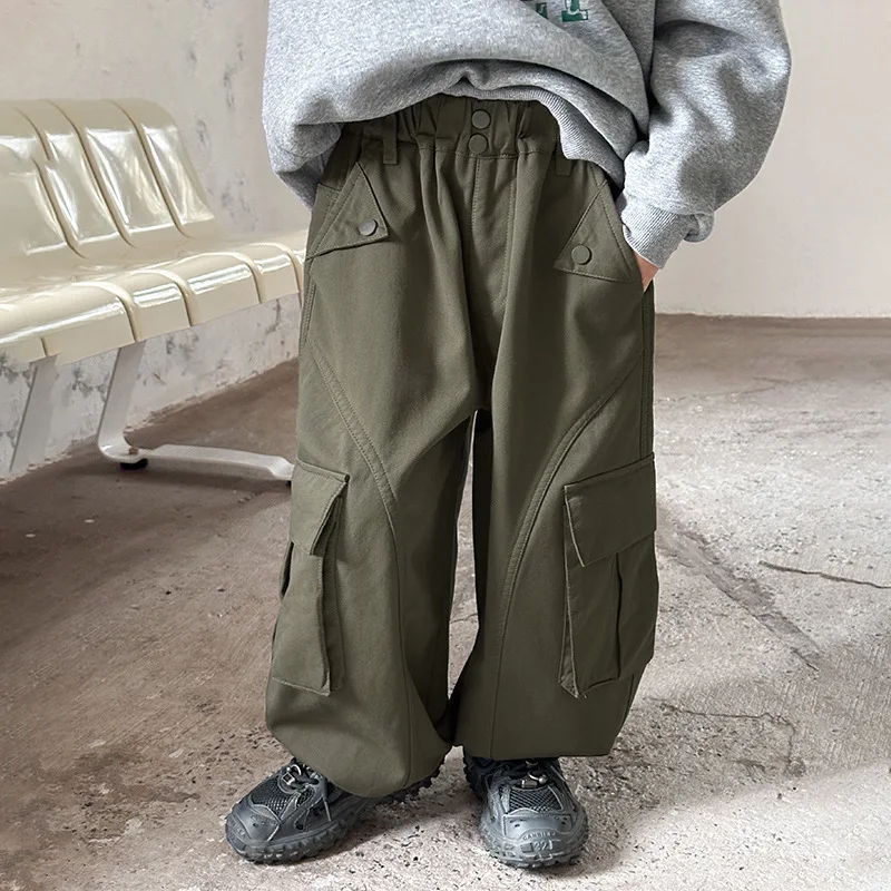 Pantalones para niños, monos de lana para niños, pantalones casuales térmicos gruesos de lana integrados para otoño e invierno, marea