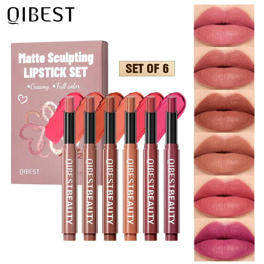 

QIBEST 6 Colors Matte Lipstick Sets Lasting Moisturizing Nude Sculpting Lipstick Pencil Makeup Hydrating Lip Stain Tint Cosmetic