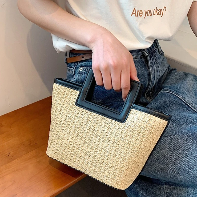 Women'S Bags Top 10 - 사각형 속이 빈 손잡이 밀짚 핸드백,