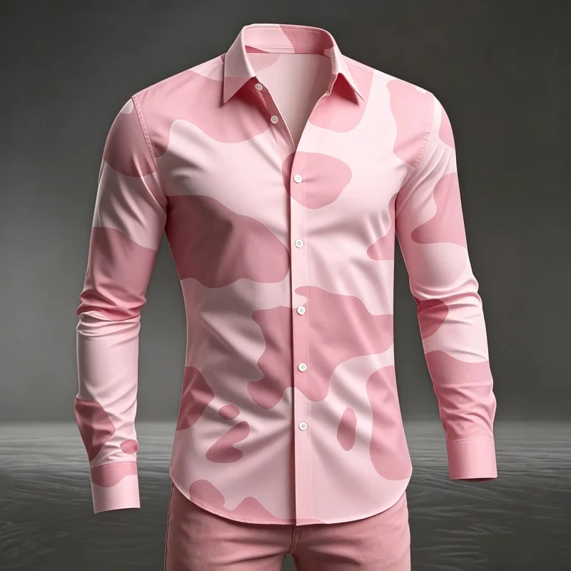 Fashion Cow Spots Pattern Shirts For Men Stylish Long Sleeve Slim Muscle Fit Nightclub Party Casual Tops