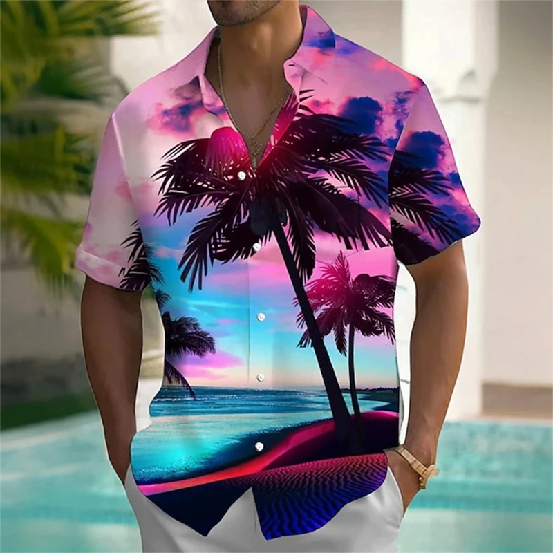 Men's Hawaiian Shirt Vibrant Palm Tree Print Summer Casual Beachwear Vacation and Outdoor Wear Polyester Fabric blouse