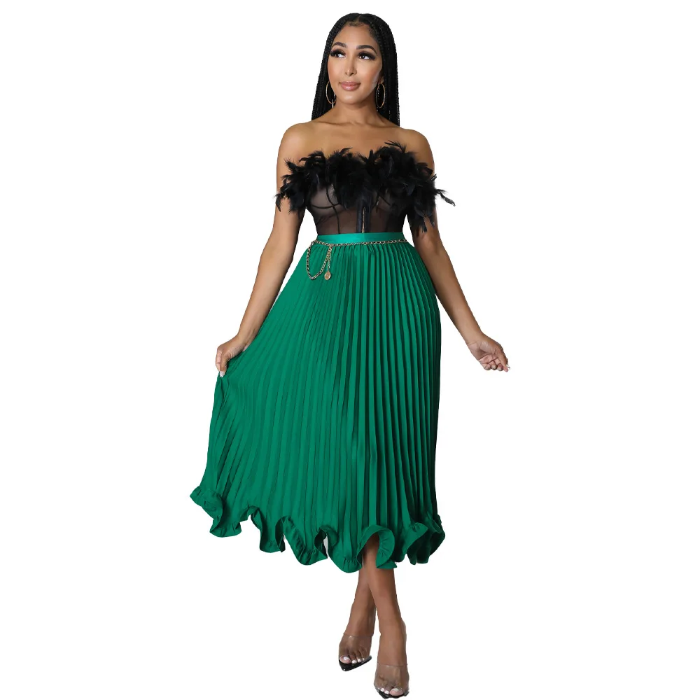 Fur Patchwork Women 2 Piece Set Off Shoulder Crop Top High Waist A Line Pleated Skirts Matching Set 2022 Summer Sexy Vestidos