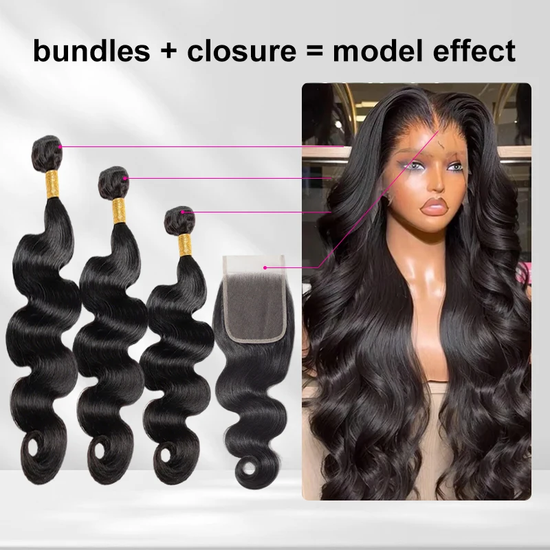 

16A Body Wave Human Hair Bundles With Closure 4x4 Closure Human Hair 100% Raw Human Hair Weave Extensions Frontal With Bundles