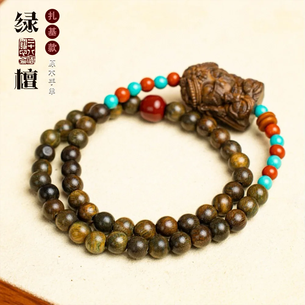 Argentine Green Sandalwood Double Loop Lotus Pod DIY Zha Caishen Beaded Bracelet Ancient Style Car Hanging Prayer Beads Gifts