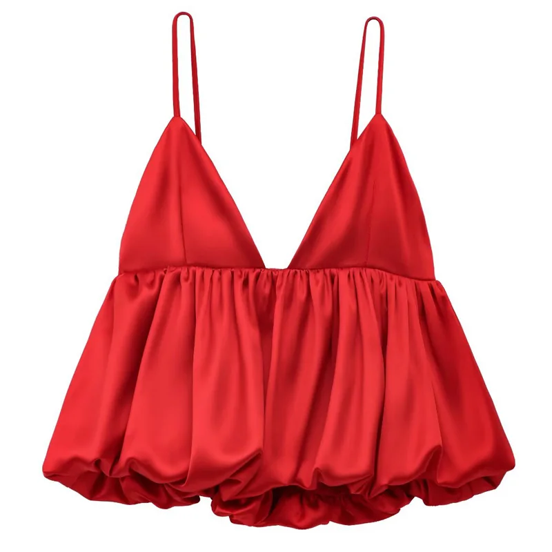 HXAO Damska Satynowa Czerwona Bluzka Letnia Sukienka na Ramiączkach i Top na Ramiączkach Sexy Krótki Top Bez Rękawów z Odkrytymi Ramionami Bufiaste Plecy Bez Pleców Top na Ramiączkach Camisole 066