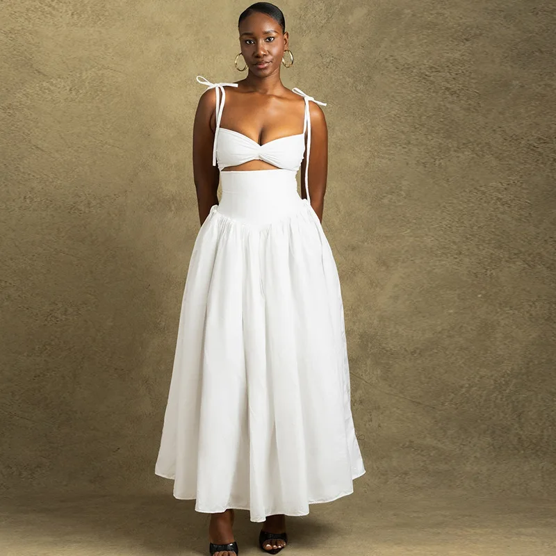 

Women's Lace-Up Halter Hollow Out Chest Wrapped Off Shoulder Sleeveless Dress, Backless, Solid Color, Sexy