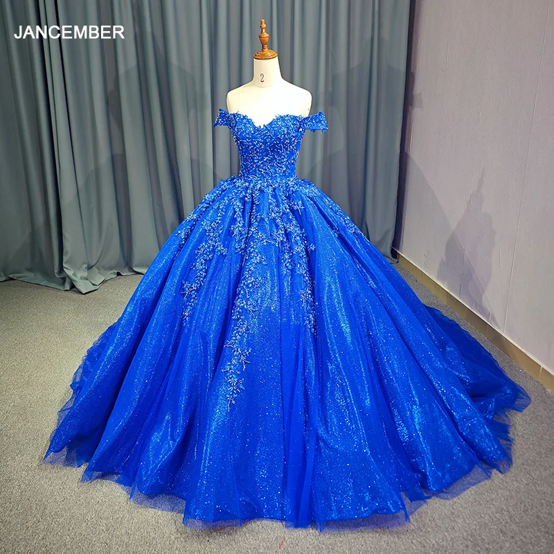 

Jancember Royal Blue Beaded Pearls 3D Flowers Quinceanera Dresses Off The Shoulder Ball Gown vestido de 15 quinceañera DY9953