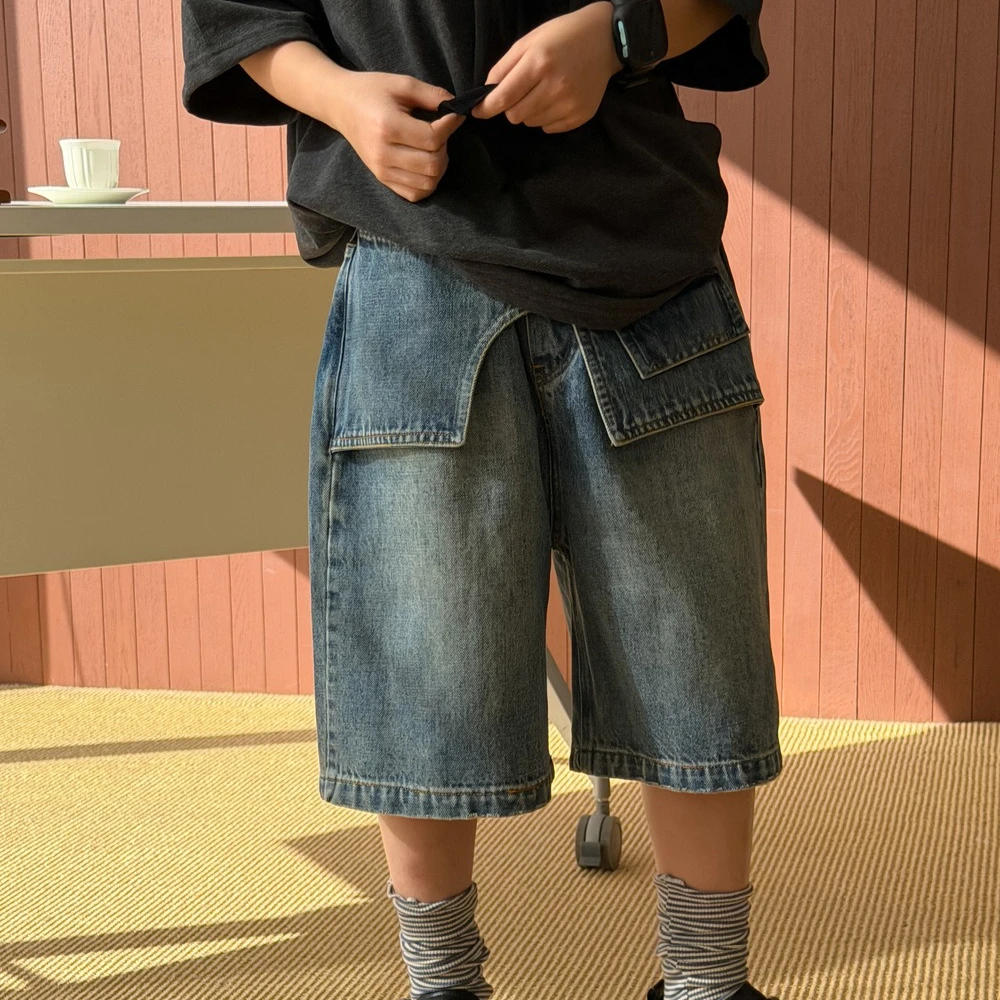 Boys Pants Spring and Summer New Children's Wear Korean Style Boys and Girls Loose Casual Jeans Splicing Five Minutes Pants