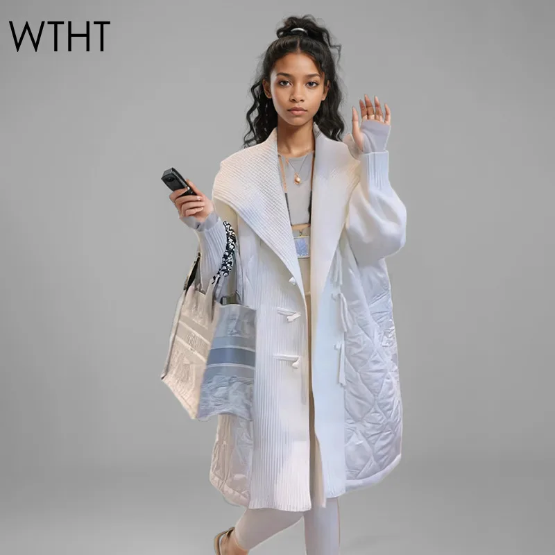 WTHT delle Donne Alla Moda Impiombato Maglia Con Cappuccio Bottoni In Corno Design Cappotto Caldo 2024 di Inverno Lungo Seeve Allentato Quiilted Giacca Femminile 1LS232