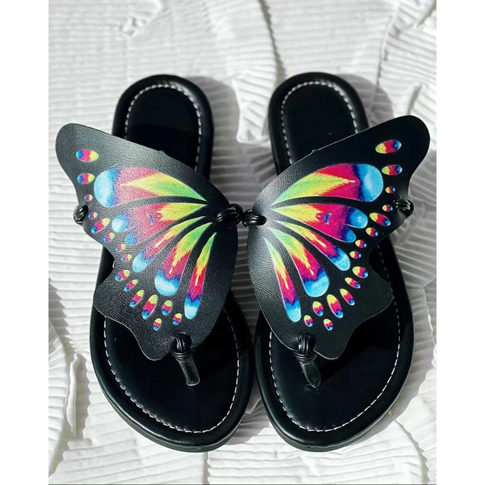 Summer Women Colorblock Butterfly Print Toe Post Slipper Casual Design Outdoor Beach Sandals Shoes Going Out Summer Shoes