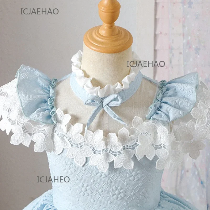 

2025 Party Dress Kids Tutu Pageant Host Evening Gown Birthday Banquet Blue Dresses OutfitCostume New Children Short Sleeve
