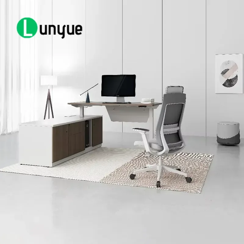 L-Shaped Executive Desk Standing Table Adjustable Height Dual Motor with Drawer and Lockable File Cabinet for Home Office