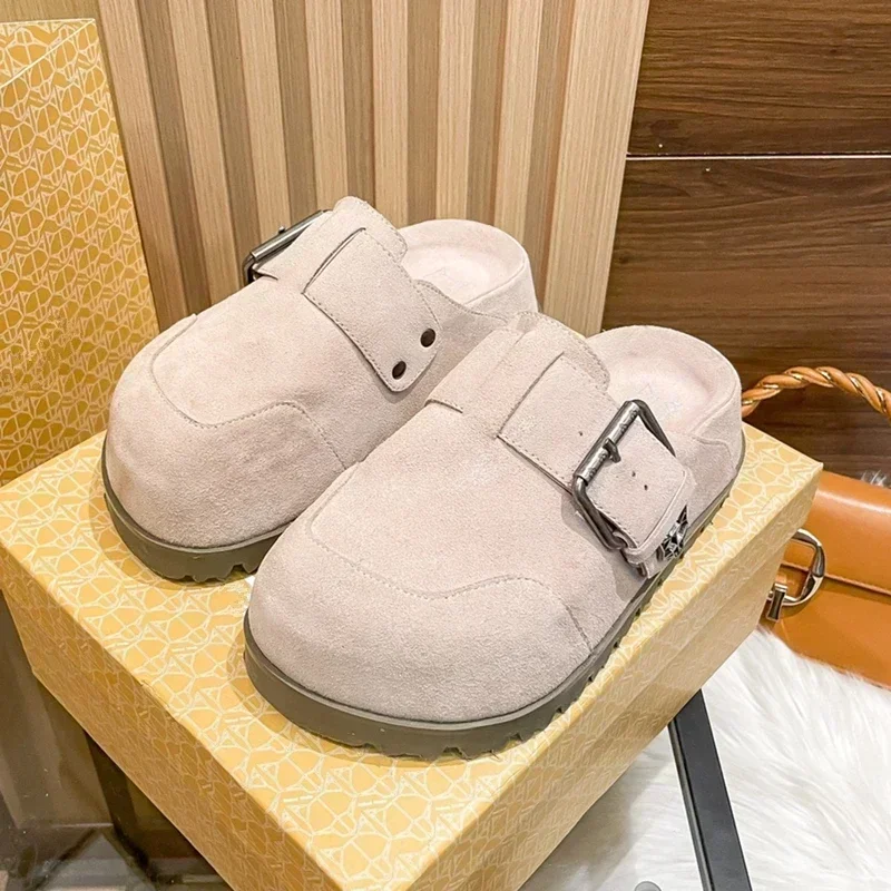 Summer Luxury Cowhide Thick Soled Women's Slippers  Flat Soled Women's Shoes Suede Platform Muller Shoes  Belt Buckle