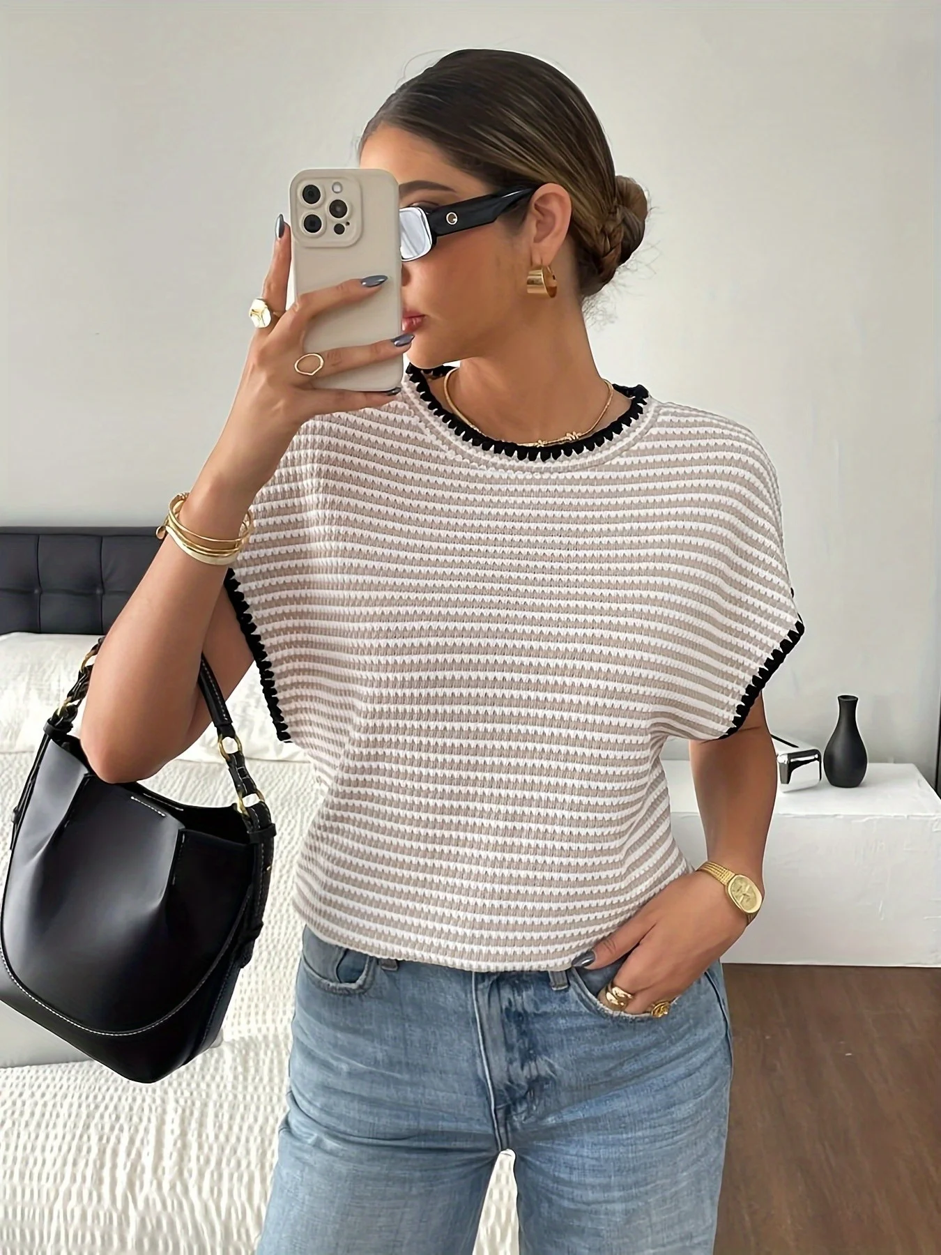 T-shirt manches courtes col rond femme décontracté bord contrasté haut rayé