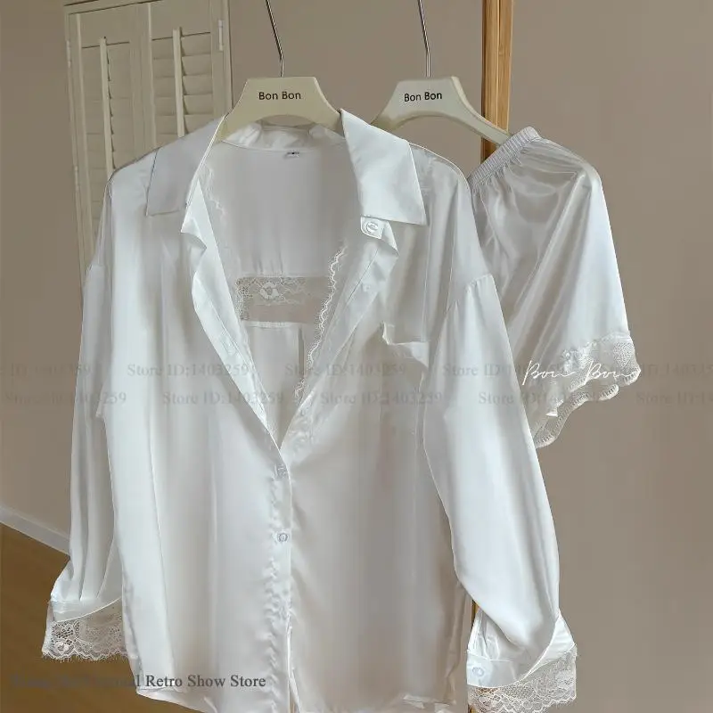 

Sexy Patchwork Lace 2Pcs Pajamas Set Sleepwear Spring Summer New Sleepwear Long Sleeve Shorts Pijamas Suit Loose Casual Homewear