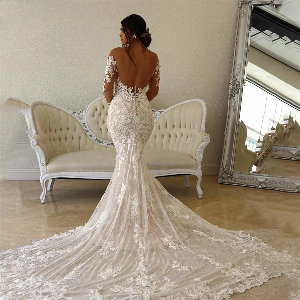 Elegant Mermaid Bridal Gowns 2024 O-neck Long Sleeve Tulle Wedding Dress Customized Lace Appliques Sexy Backless Bride Dresses