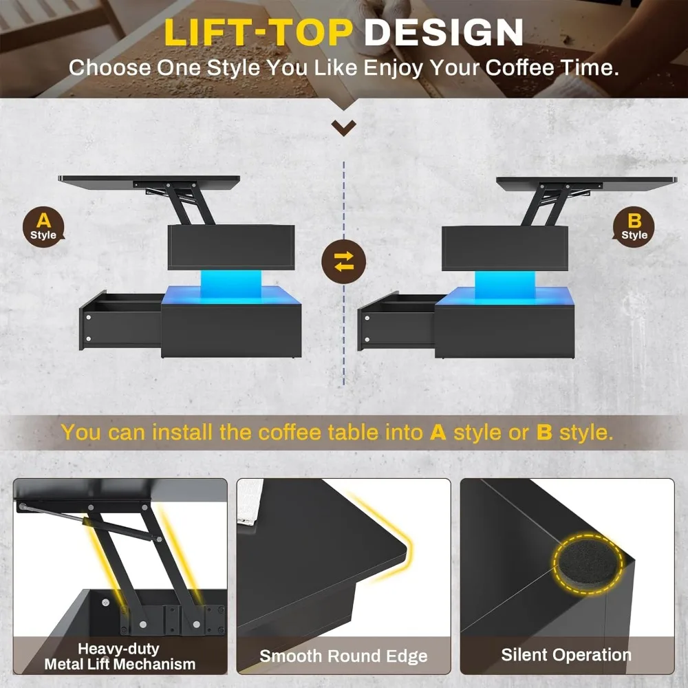 40" Lift Top Coffee Table, Coffee Tables with Storage for Living Room, Small Coffee Table with 2 Drawers & LED Light for Dining
