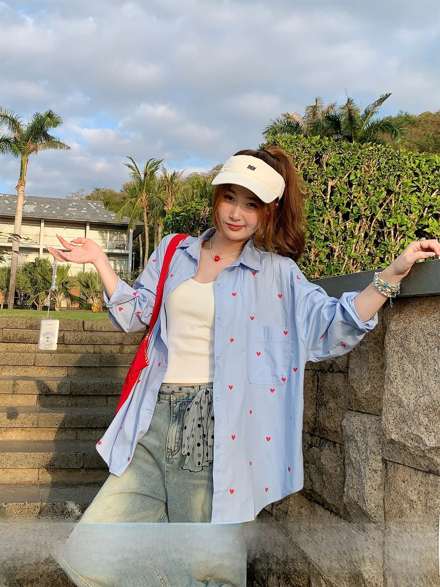 

Loose Long Sve Women's irt Su San San Unique Beautiful Korean Sle Gentle Design Casual Faion Heart Pattern