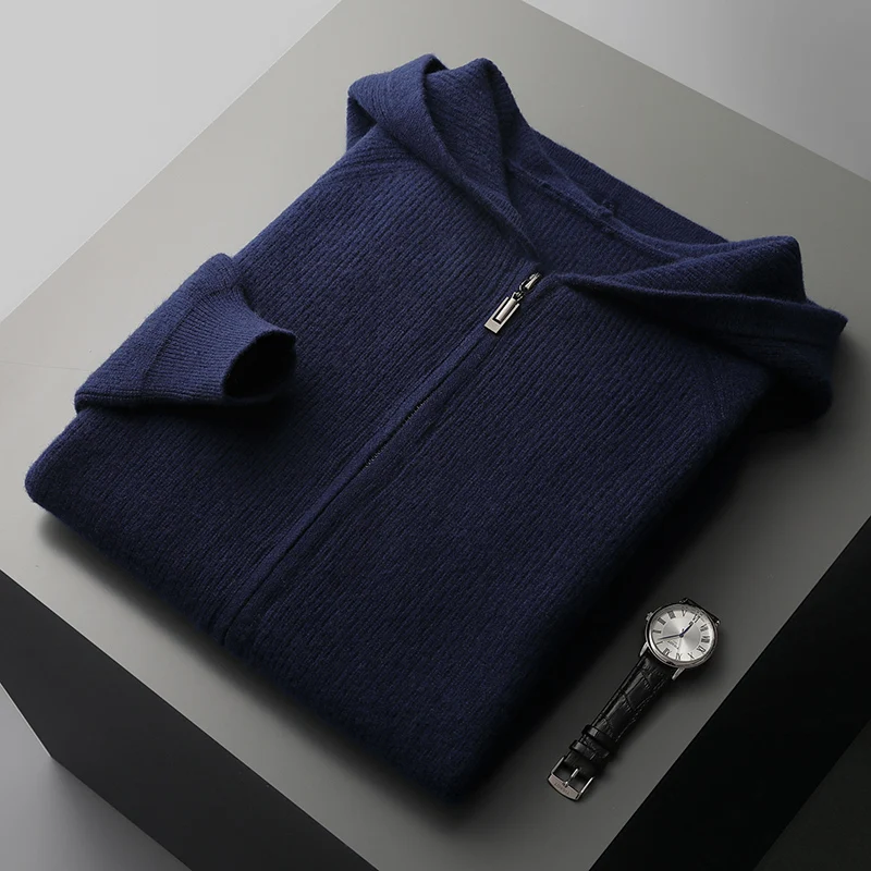 Cappotto maglione con cerniera da uomo Autunno Inverno Spessore maglione di pura lana al 100% Cardigan lavorato a maglia con cappuccio casual Giacca calda a maniche lunghe