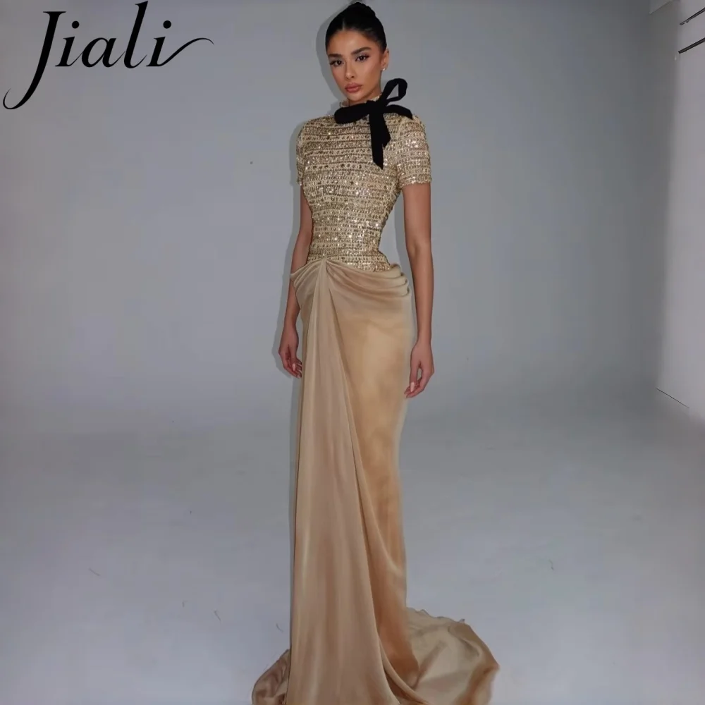 Jiali Customized High Quality Women Rhinestone Sheath Evening Dresses Fashion High Collar Short Sleeves Floor Length Prom Dress