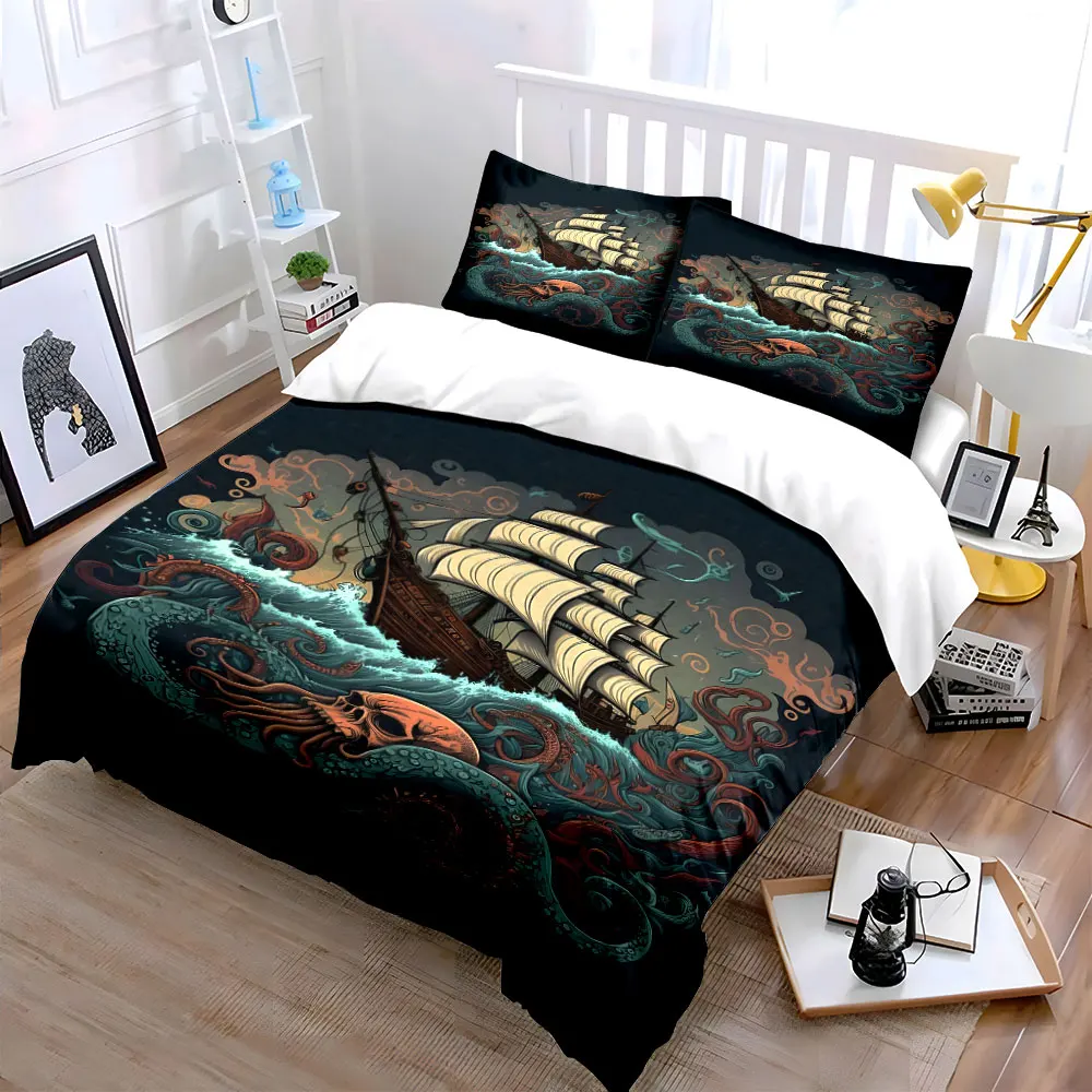 Sea Monster Attacking Sailing Ship Print Bedding Set 1 Duvet Cover 2 Pillowcases for Adult and Children Luxury Gift Full Size