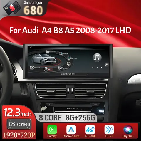 12.3인치 좌핸들용 안드로이드 13 카 라디오 (아우디 A4 B8 A5 2008-2017 BT 카플레이 퀄컴 스냅드래곤 680 헤드 유닛 스크린)