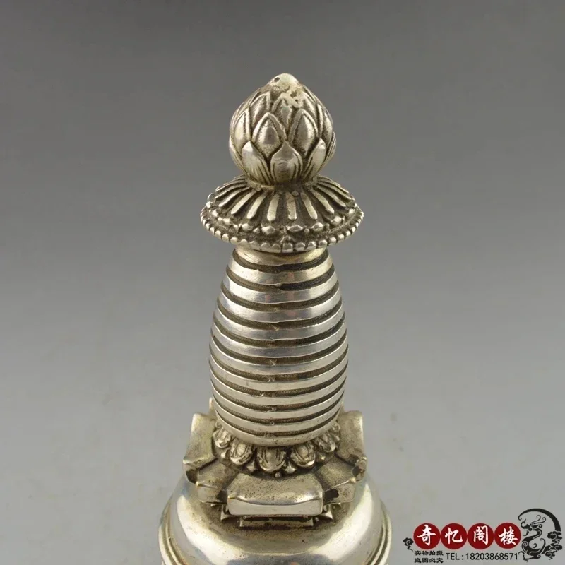 Collectible Home Decorated Old Handwork Tibet Silver Carved Lotus Pagoda Metal Handicraft