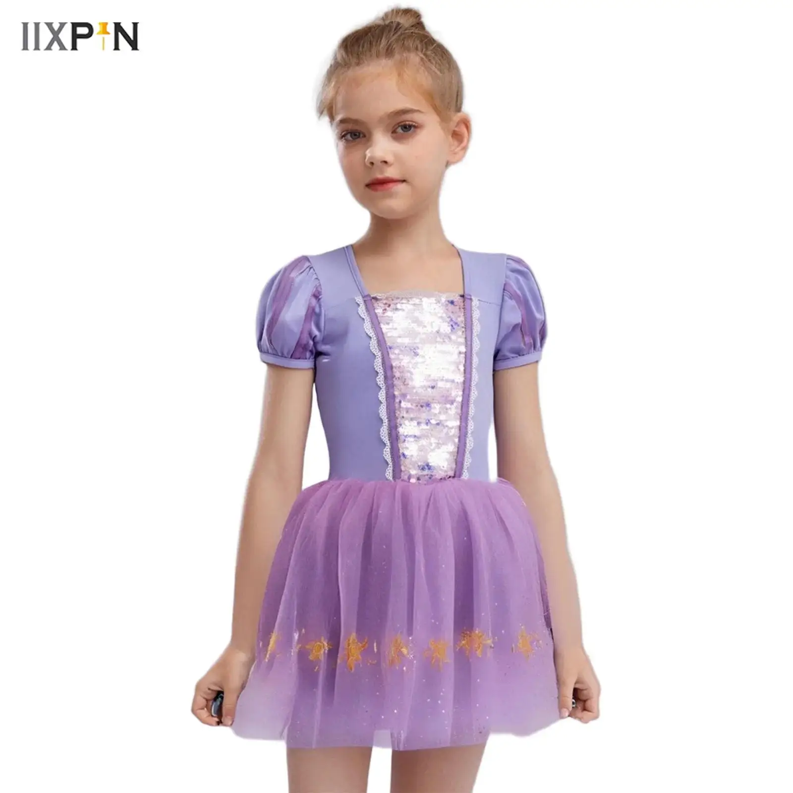 

Kids Girls Ballet Dance Dress Short Puff Sleeves Shiny Sequin Tulle Tutu Dress Halloween Theme Party Cosplay Performance Costume