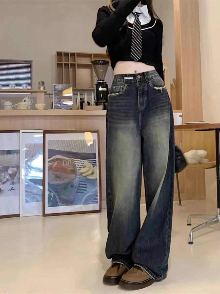

High Waist Loose Straight Leg Denim Jeans Women's Spring Autumn plus Size Big MM Frayed Design Drapey Wide Leg Pants