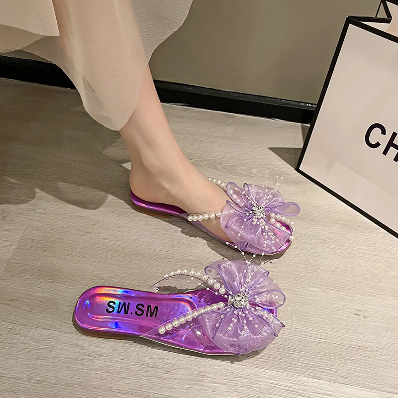 Women Sandals 2022 Summer New Women Slippers Fashion Women\'s Flip Flops Beaded Rhinestones Bow Flat Slippers for Women