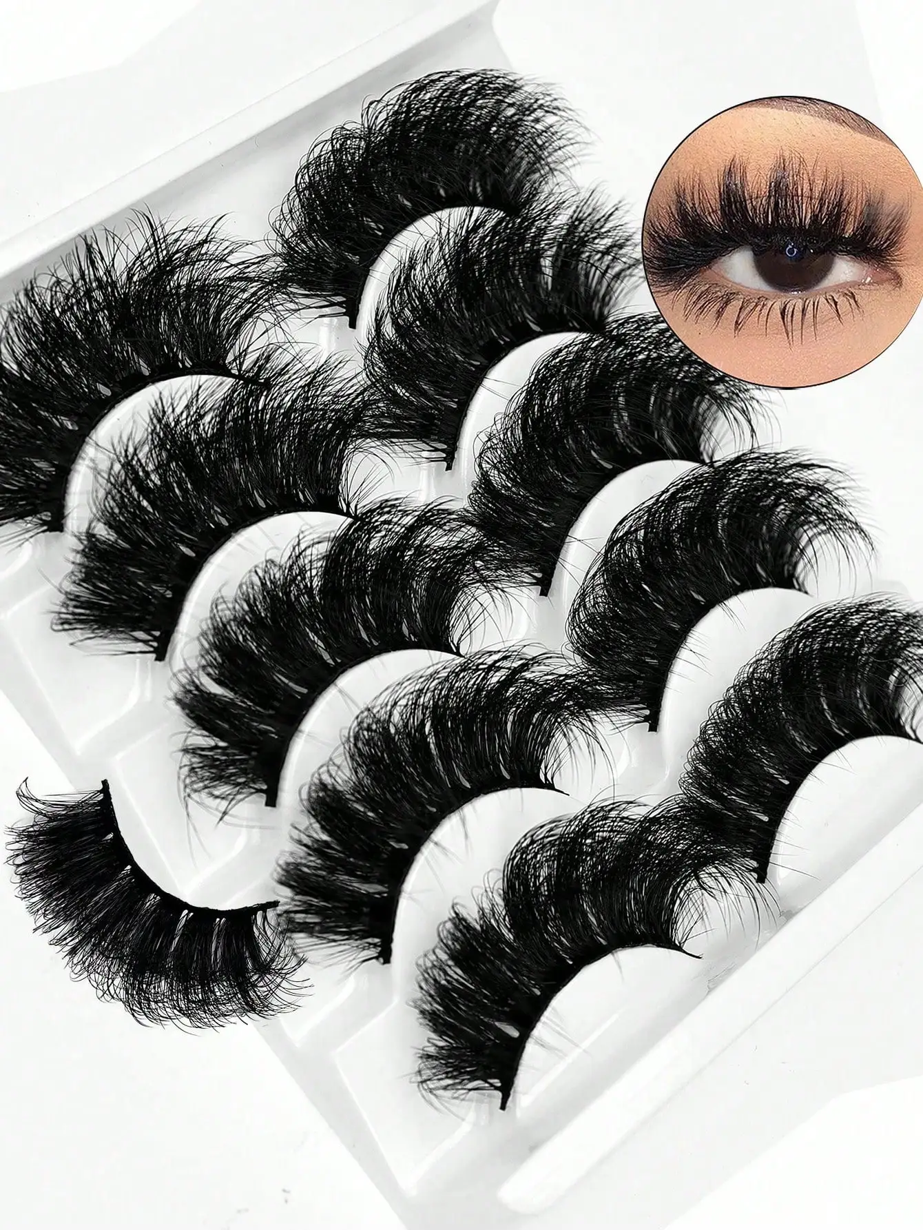 5 Paar Kunstwimpern aus Nerzimitat, flauschig, lang, voluminös, für einen dramatischen Cat-Eye-Look, wiederverwendbar für Bühnen-, Party- und Abend-Make-up – Detail 6