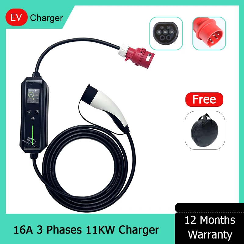 2.4inch Screen Current Adjustable 11kw 16A  Fast 450V AC Portable Mobile EV Car Charger Station AC Type 2 11KW Manufacturers