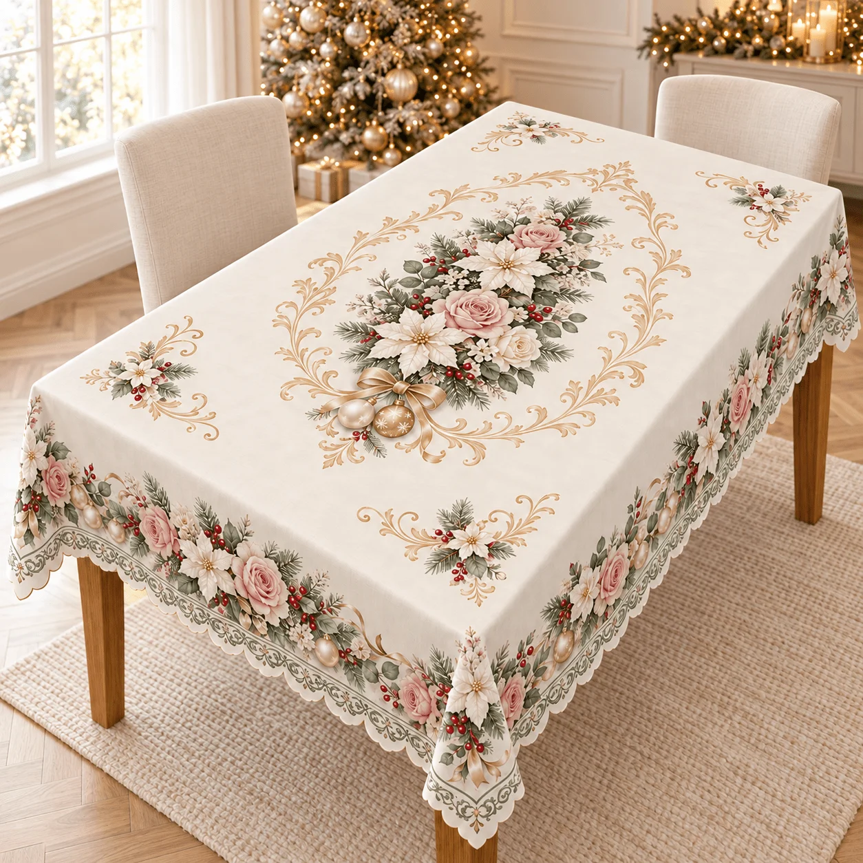 1rectangular Christmas tablecloth on a creamy white background with pink roses, white Christmas flowers and champagne gold rolls