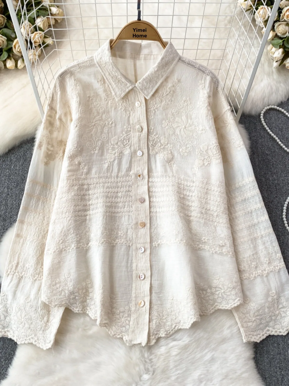 

Spring Autumn New Sle Artistic Fre Cotton Lace Embroidery Single Button Casual Asymmetrical Top Women's irt